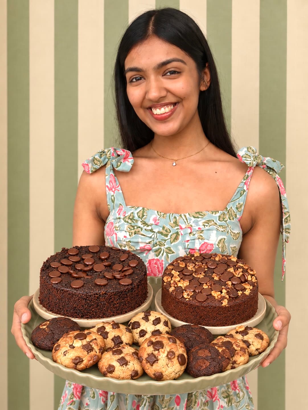 Vasvi Jain — Founder of The Indulgent Spoon, decorating a cake in her bakery kitchen
